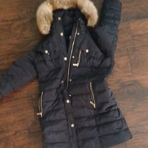 MICHAEL Michael Kors Black and Tan Puffer Jacket with Fur Trim